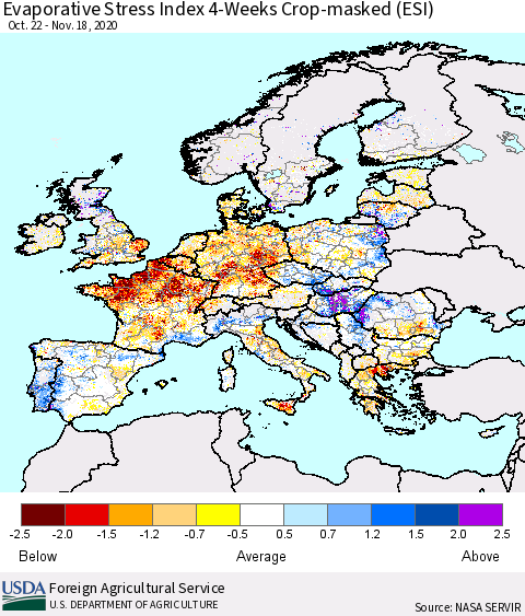 Europe Evaporative Stress Index (ESI), 4-Weeks over Croplands Thematic Map For 11/16/2020 - 11/22/2020