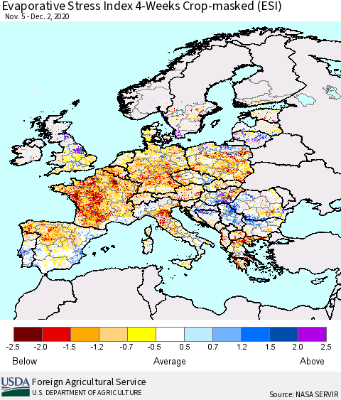 Europe Evaporative Stress Index (ESI), 4-Weeks over Croplands Thematic Map For 11/30/2020 - 12/6/2020