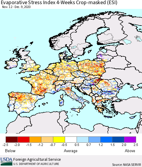 Europe Evaporative Stress Index (ESI), 4-Weeks over Croplands Thematic Map For 12/7/2020 - 12/13/2020