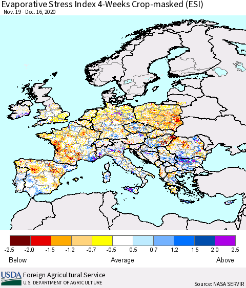 Europe Evaporative Stress Index (ESI), 4-Weeks over Croplands Thematic Map For 12/14/2020 - 12/20/2020
