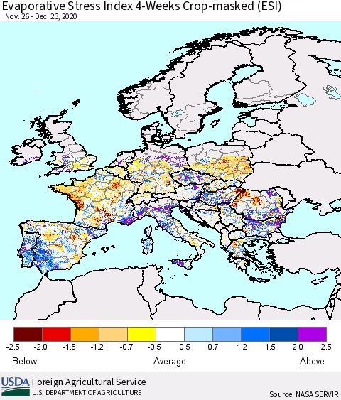 Europe Evaporative Stress Index (ESI), 4-Weeks over Croplands Thematic Map For 12/21/2020 - 12/27/2020