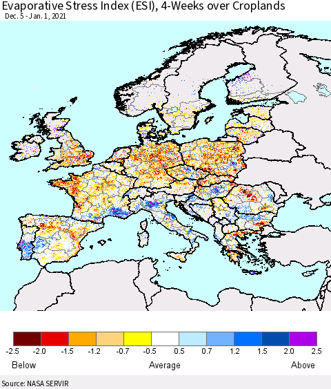 Europe Evaporative Stress Index (ESI), 4-Weeks over Croplands Thematic Map For 12/28/2020 - 1/3/2021