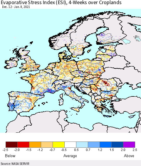 Europe Evaporative Stress Index (ESI), 4-Weeks over Croplands Thematic Map For 1/4/2021 - 1/10/2021