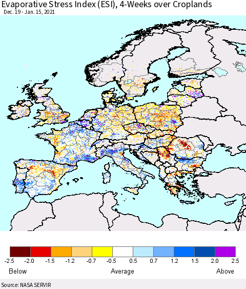Europe Evaporative Stress Index (ESI), 4-Weeks over Croplands Thematic Map For 1/11/2021 - 1/17/2021