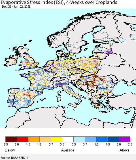 Europe Evaporative Stress Index (ESI), 4-Weeks over Croplands Thematic Map For 1/18/2021 - 1/24/2021