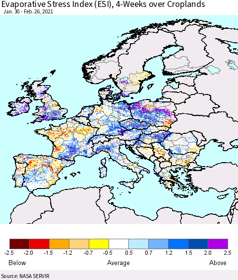 Europe Evaporative Stress Index (ESI), 4-Weeks over Croplands Thematic Map For 2/22/2021 - 2/28/2021
