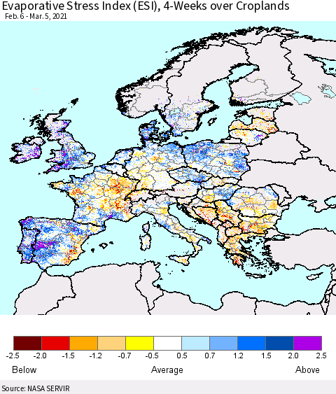 Europe Evaporative Stress Index (ESI), 4-Weeks over Croplands Thematic Map For 3/1/2021 - 3/7/2021