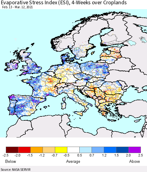 Europe Evaporative Stress Index (ESI), 4-Weeks over Croplands Thematic Map For 3/8/2021 - 3/14/2021