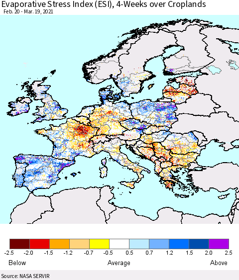 Europe Evaporative Stress Index (ESI), 4-Weeks over Croplands Thematic Map For 3/15/2021 - 3/21/2021
