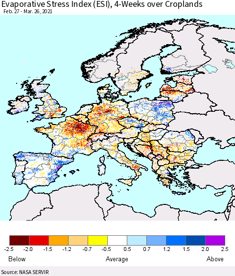 Europe Evaporative Stress Index (ESI), 4-Weeks over Croplands Thematic Map For 3/22/2021 - 3/28/2021