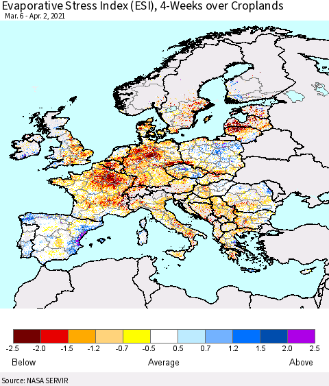 Europe Evaporative Stress Index (ESI), 4-Weeks over Croplands Thematic Map For 3/29/2021 - 4/4/2021