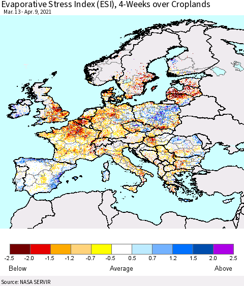 Europe Evaporative Stress Index (ESI), 4-Weeks over Croplands Thematic Map For 4/5/2021 - 4/11/2021