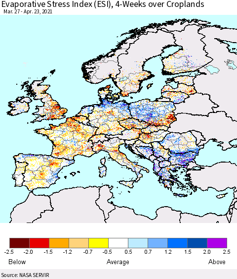 Europe Evaporative Stress Index (ESI), 4-Weeks over Croplands Thematic Map For 4/19/2021 - 4/25/2021
