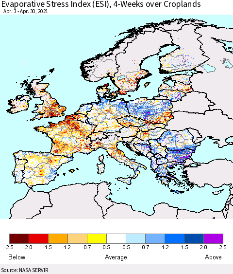 Europe Evaporative Stress Index (ESI), 4-Weeks over Croplands Thematic Map For 4/26/2021 - 5/2/2021