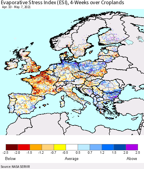 Europe Evaporative Stress Index (ESI), 4-Weeks over Croplands Thematic Map For 5/3/2021 - 5/9/2021
