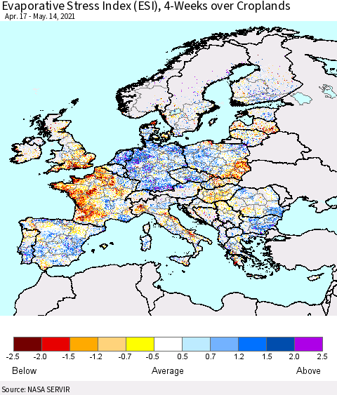 Europe Evaporative Stress Index (ESI), 4-Weeks over Croplands Thematic Map For 5/10/2021 - 5/16/2021