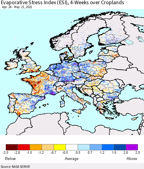 Europe Evaporative Stress Index (ESI), 4-Weeks over Croplands Thematic Map For 5/17/2021 - 5/23/2021