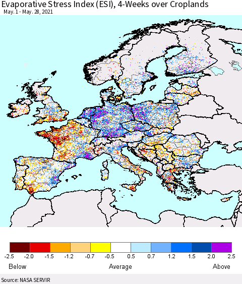 Europe Evaporative Stress Index (ESI), 4-Weeks over Croplands Thematic Map For 5/24/2021 - 5/30/2021