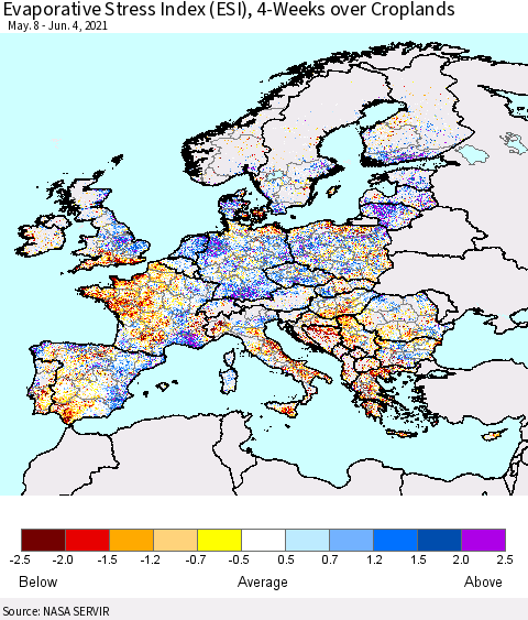 Europe Evaporative Stress Index (ESI), 4-Weeks over Croplands Thematic Map For 5/31/2021 - 6/6/2021