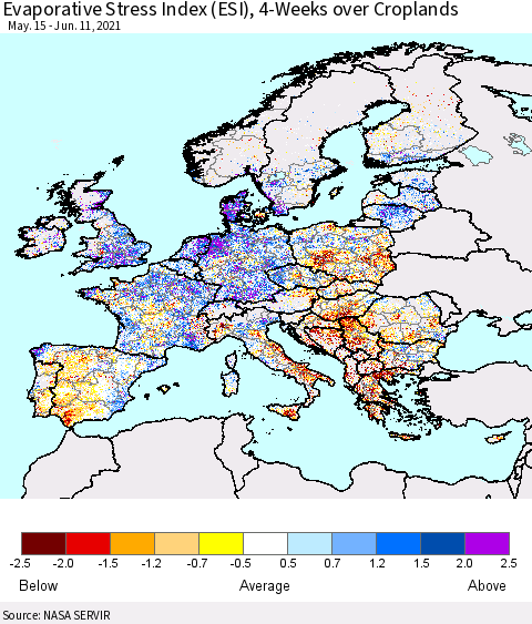 Europe Evaporative Stress Index (ESI), 4-Weeks over Croplands Thematic Map For 6/7/2021 - 6/13/2021