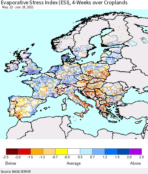 Europe Evaporative Stress Index (ESI), 4-Weeks over Croplands Thematic Map For 6/14/2021 - 6/20/2021