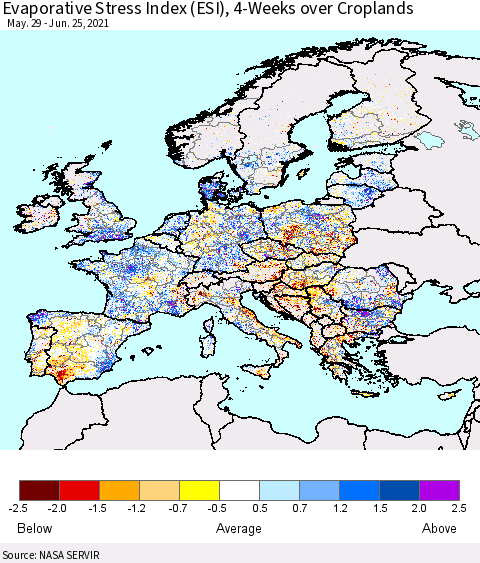 Europe Evaporative Stress Index (ESI), 4-Weeks over Croplands Thematic Map For 6/21/2021 - 6/27/2021