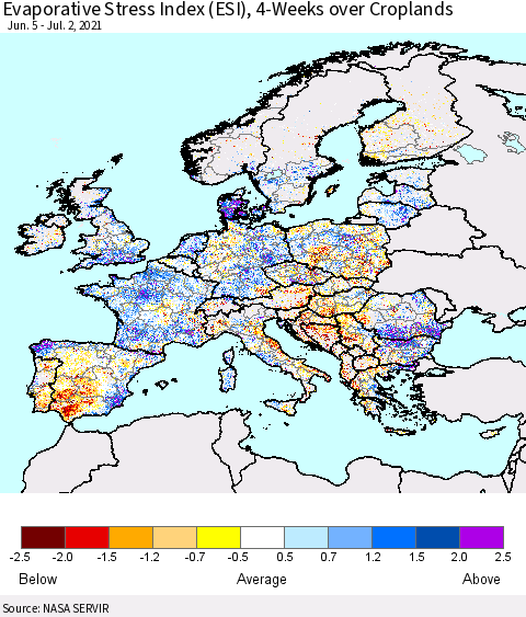 Europe Evaporative Stress Index (ESI), 4-Weeks over Croplands Thematic Map For 6/28/2021 - 7/4/2021