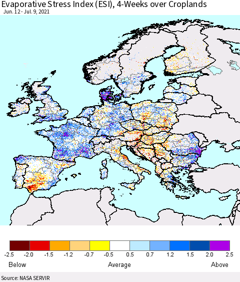 Europe Evaporative Stress Index (ESI), 4-Weeks over Croplands Thematic Map For 7/5/2021 - 7/11/2021