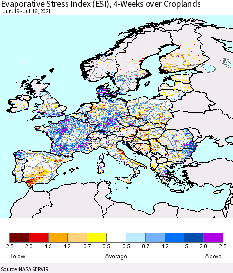 Europe Evaporative Stress Index (ESI), 4-Weeks over Croplands Thematic Map For 7/12/2021 - 7/18/2021