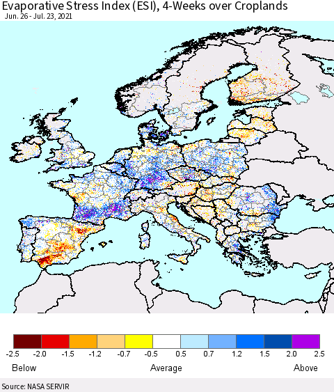 Europe Evaporative Stress Index (ESI), 4-Weeks over Croplands Thematic Map For 7/19/2021 - 7/25/2021