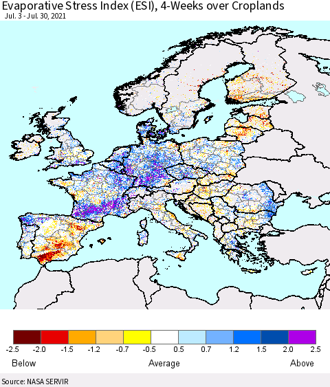 Europe Evaporative Stress Index (ESI), 4-Weeks over Croplands Thematic Map For 7/26/2021 - 8/1/2021