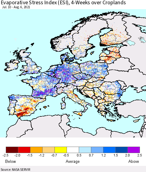 Europe Evaporative Stress Index (ESI), 4-Weeks over Croplands Thematic Map For 8/2/2021 - 8/8/2021