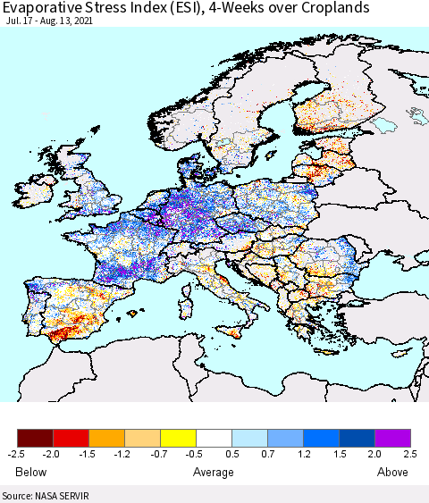 Europe Evaporative Stress Index (ESI), 4-Weeks over Croplands Thematic Map For 8/9/2021 - 8/15/2021