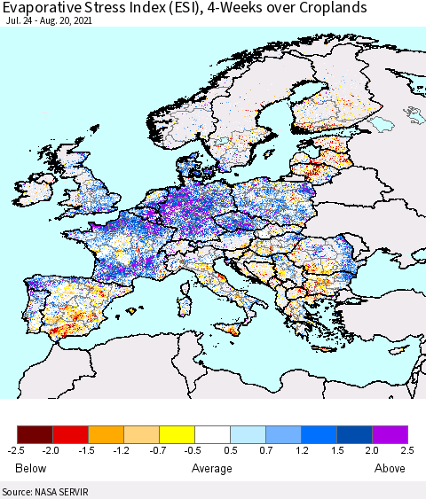 Europe Evaporative Stress Index (ESI), 4-Weeks over Croplands Thematic Map For 8/16/2021 - 8/22/2021