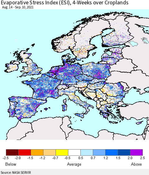 Europe Evaporative Stress Index (ESI), 4-Weeks over Croplands Thematic Map For 9/6/2021 - 9/12/2021