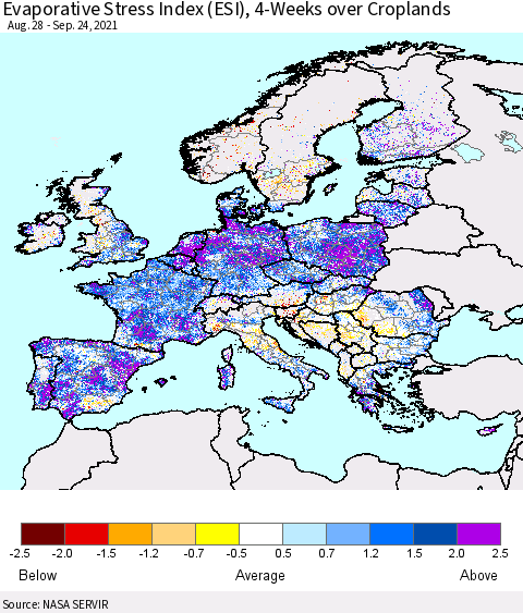Europe Evaporative Stress Index (ESI), 4-Weeks over Croplands Thematic Map For 9/20/2021 - 9/26/2021