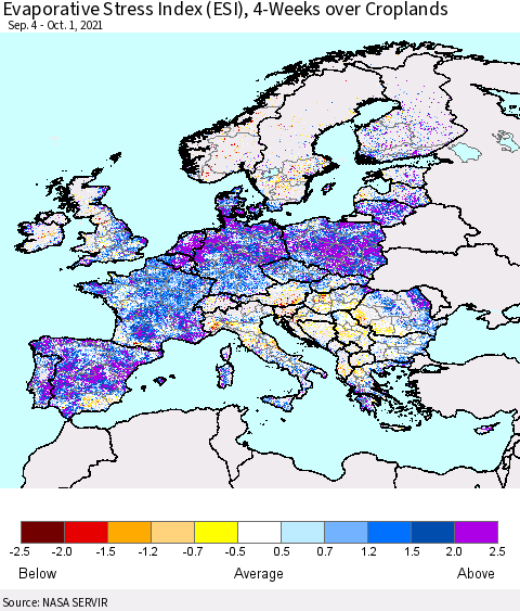 Europe Evaporative Stress Index (ESI), 4-Weeks over Croplands Thematic Map For 9/27/2021 - 10/3/2021