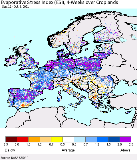 Europe Evaporative Stress Index (ESI), 4-Weeks over Croplands Thematic Map For 10/4/2021 - 10/10/2021