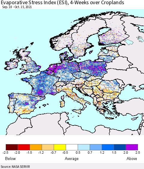 Europe Evaporative Stress Index (ESI), 4-Weeks over Croplands Thematic Map For 10/11/2021 - 10/17/2021