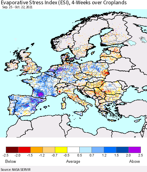 Europe Evaporative Stress Index (ESI), 4-Weeks over Croplands Thematic Map For 10/18/2021 - 10/24/2021