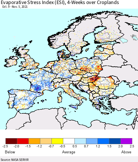 Europe Evaporative Stress Index (ESI), 4-Weeks over Croplands Thematic Map For 11/1/2021 - 11/7/2021
