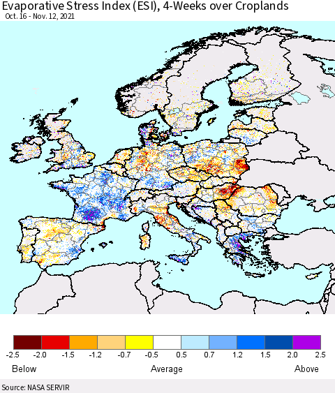 Europe Evaporative Stress Index (ESI), 4-Weeks over Croplands Thematic Map For 11/8/2021 - 11/14/2021