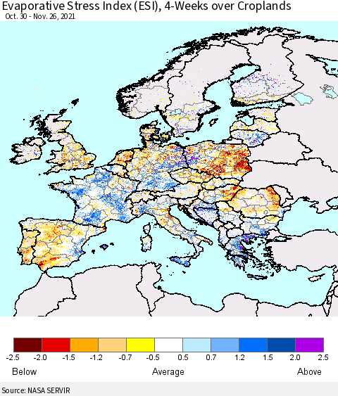 Europe Evaporative Stress Index (ESI), 4-Weeks over Croplands Thematic Map For 11/22/2021 - 11/28/2021