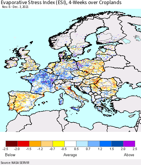 Europe Evaporative Stress Index (ESI), 4-Weeks over Croplands Thematic Map For 11/29/2021 - 12/5/2021