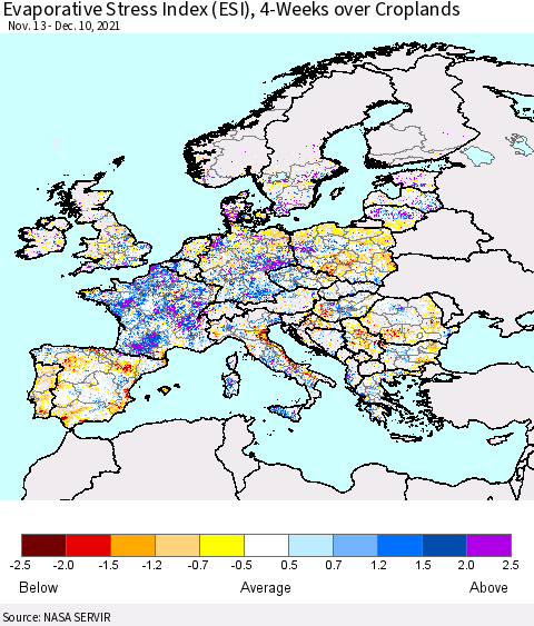 Europe Evaporative Stress Index (ESI), 4-Weeks over Croplands Thematic Map For 12/6/2021 - 12/12/2021
