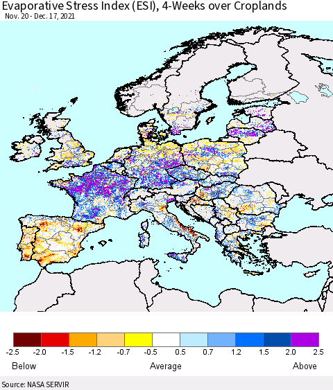 Europe Evaporative Stress Index (ESI), 4-Weeks over Croplands Thematic Map For 12/13/2021 - 12/19/2021