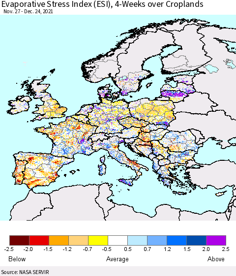 Europe Evaporative Stress Index (ESI), 4-Weeks over Croplands Thematic Map For 12/20/2021 - 12/26/2021