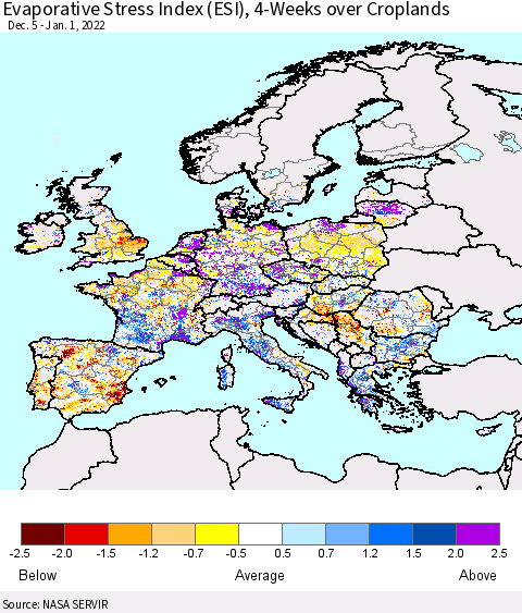 Europe Evaporative Stress Index (ESI), 4-Weeks over Croplands Thematic Map For 12/27/2021 - 1/2/2022