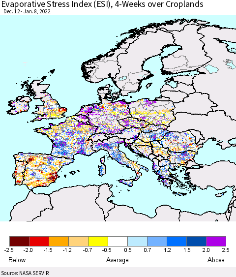 Europe Evaporative Stress Index (ESI), 4-Weeks over Croplands Thematic Map For 1/3/2022 - 1/9/2022