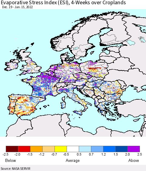 Europe Evaporative Stress Index (ESI), 4-Weeks over Croplands Thematic Map For 1/10/2022 - 1/16/2022